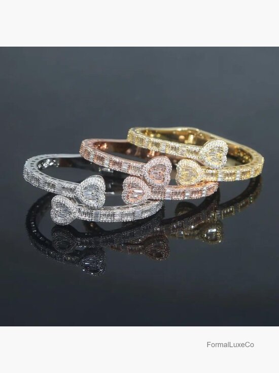 Iced Out Cubic Zirconia Double Heart Shaped Open Bangle Bracelet, 7\